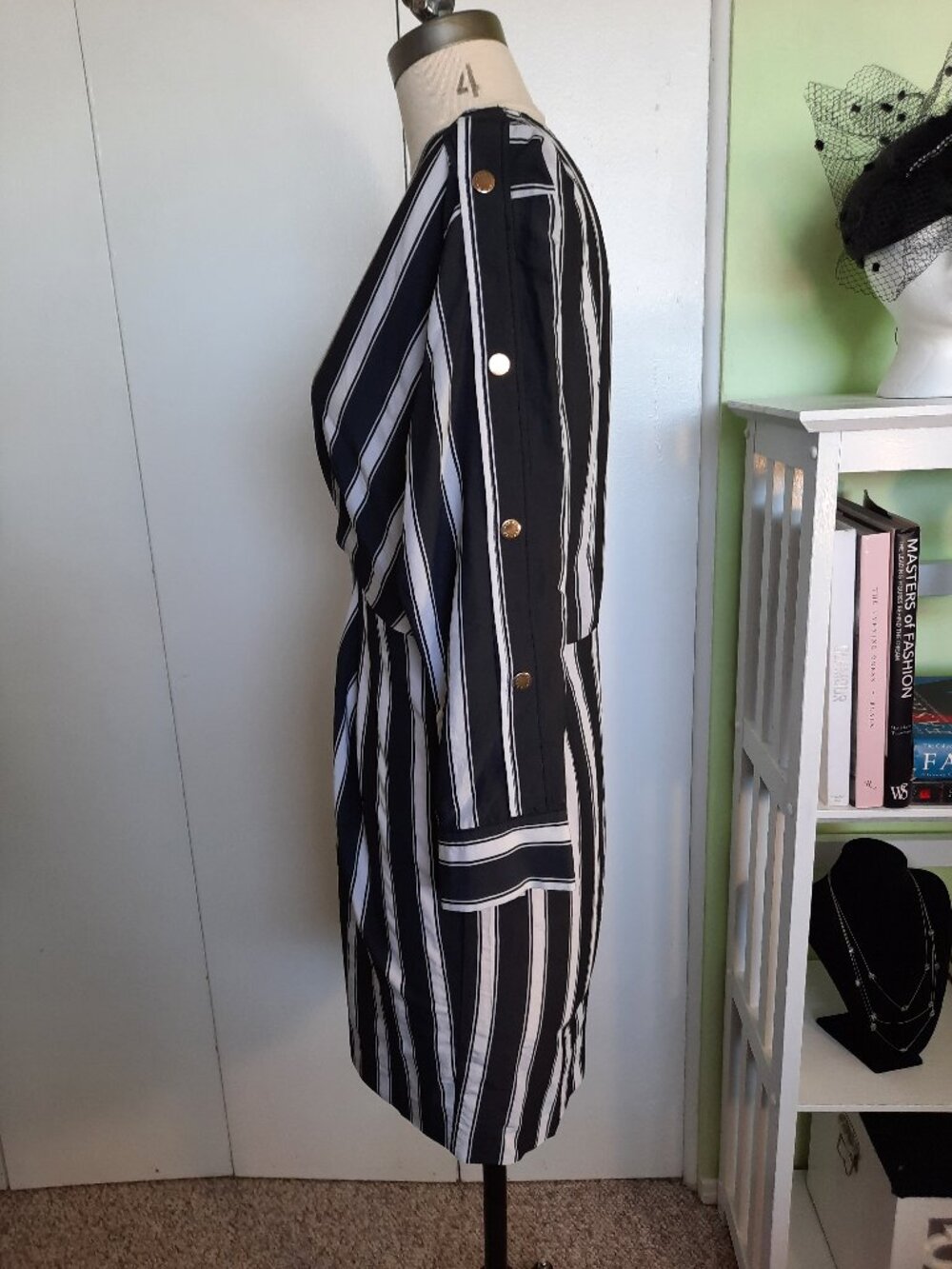 Sandro Paris Black White Striped Shirt Dress Gold Buttons Size Small - Picture 4 of 8